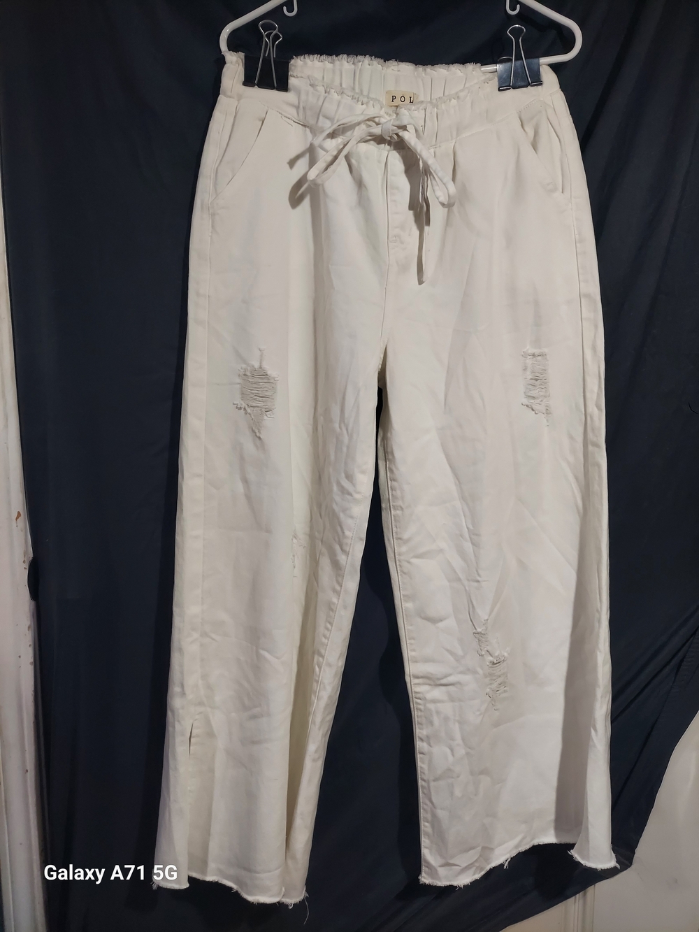 POL Boho Distressed Raw Hem Wide Leg Drawstring Lounge Pants Cream Slit Size Lg
